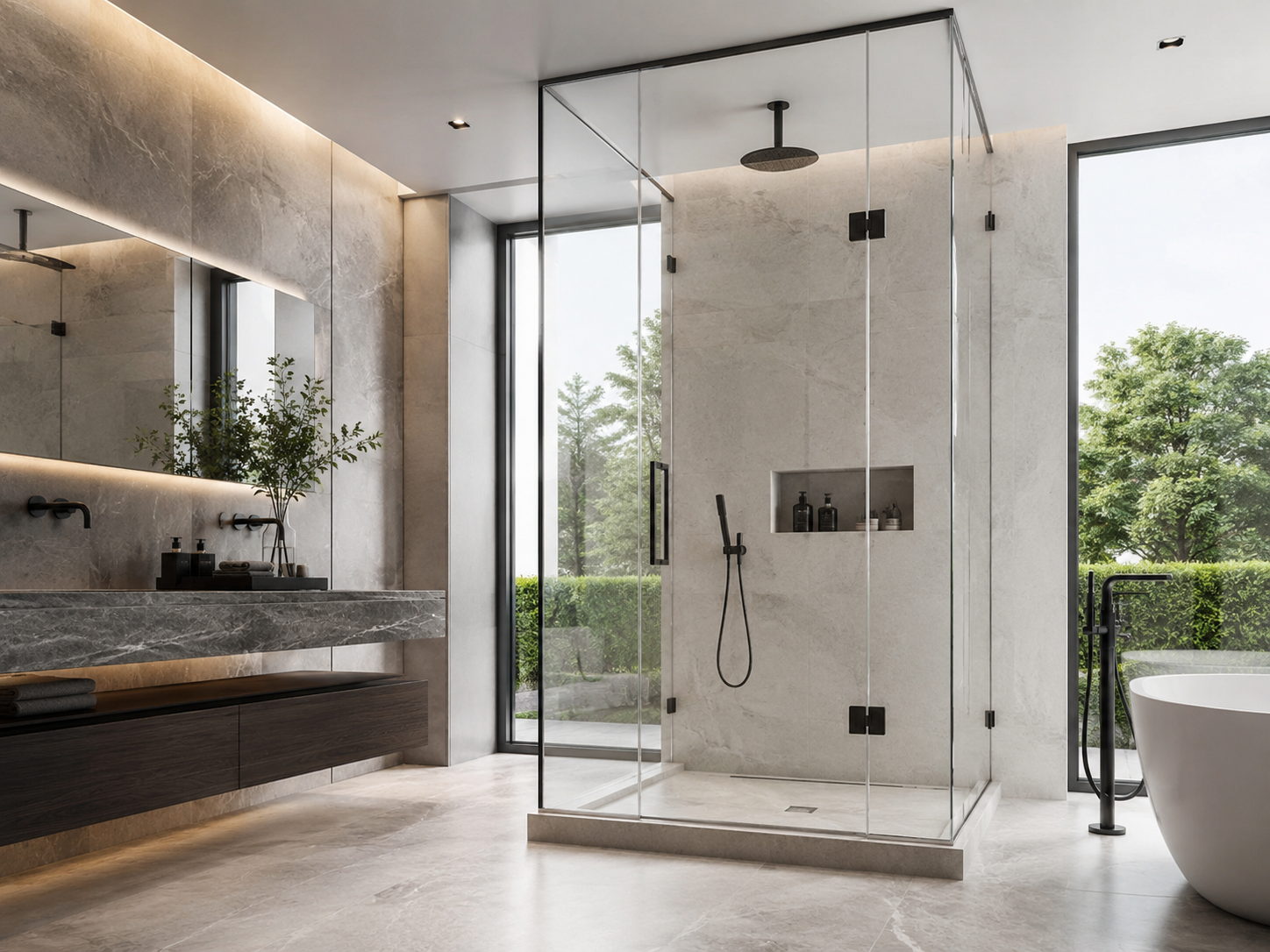 Luxury modern bathroom with smart film privacy on glass shower enclosure