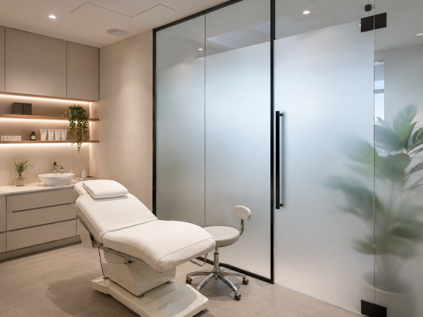 Modern treatment room with frosted smart film partition