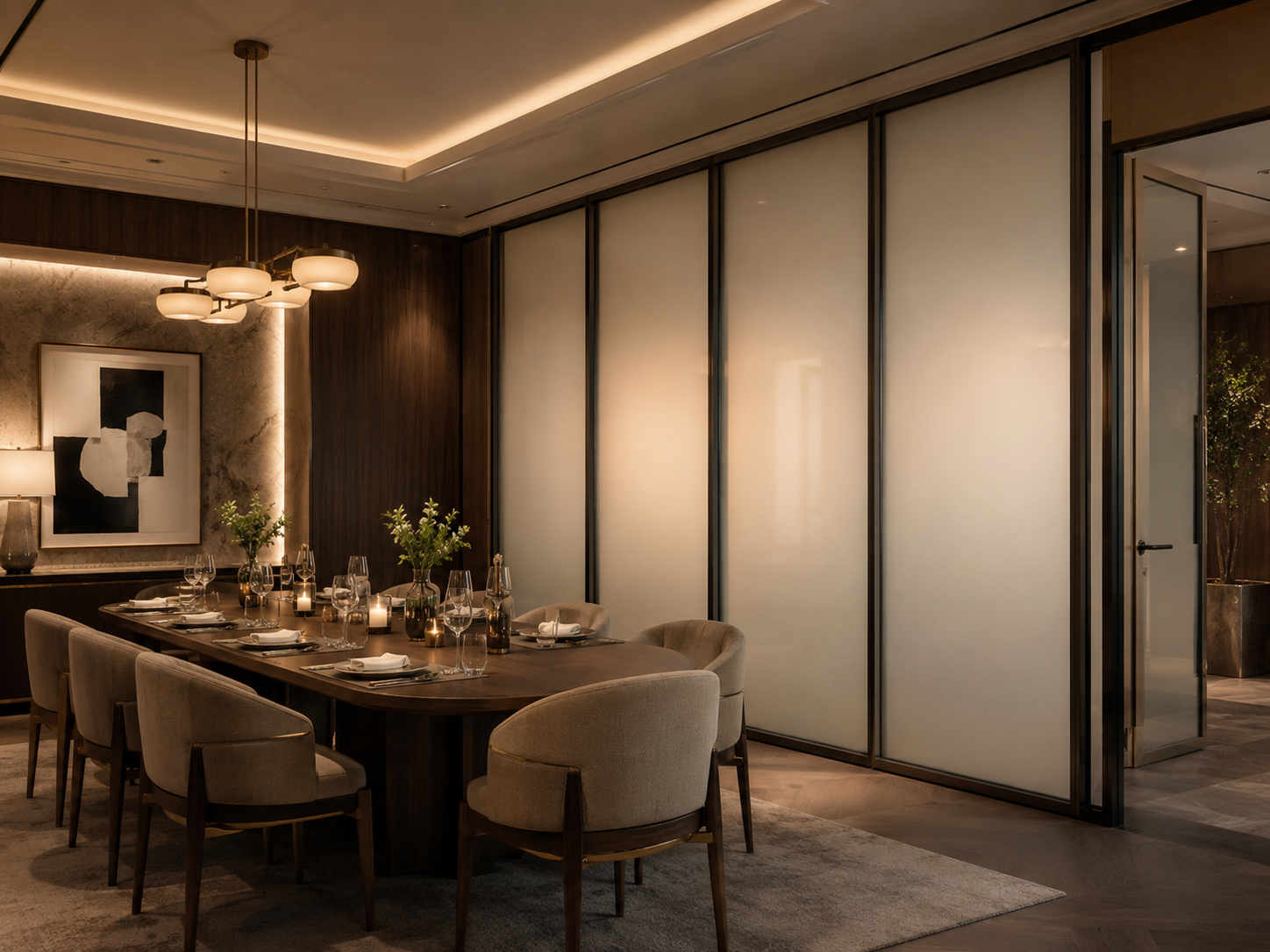 Private dining space with large frosted smart film glass panels